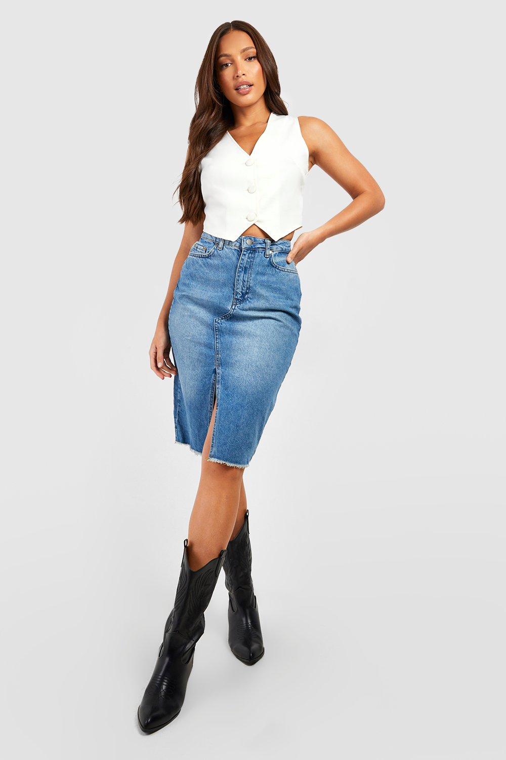 Mid length shop denim skirts outfits